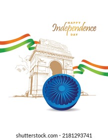 Happy Independence day greeting with three dimensional Ashoka Chakra and the illustration of India Gate.