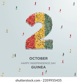 Happy Independence Day Guinea. A large group of people form to create the number 2 as Guinea celebrates its Independence Day on the 2nd of October. Vector illustration.