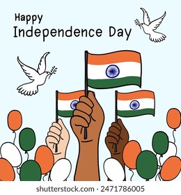 Happy Independence Day. Hand holding flag of Indian with text and Birds Flying Freedom on background. India Independence Day banner in vintage style.