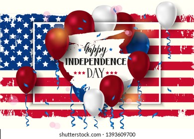 Happy Independence Day. Hand made lettering 4th of July National american holiday illustration with american flag, frame, serpentine and ballon. Greeting Background for holidays, postcards, websites