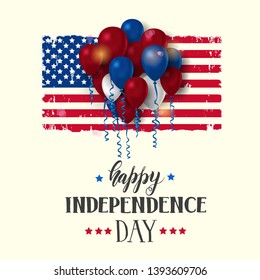 Happy Independence Day. Hand made lettering 4th of July National american holiday illustration with american flag,  serpentine and ballon. Greeting Background for holidays, postcards, websites
