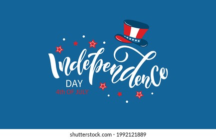 Happy Independence Day hand written text on blue background. Modern brush calligraphy, hand lettering for Independence Day in USA on July, greeting card, poster, banner. Vector illustration 
