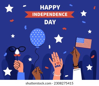 Happy independence day. Hands with USA flag, traditional american holiday. United states of America festival 04 July. Freedom and democracy, patriotism. Doodle flat vector illustration
