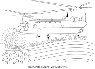 Happy Independence Day Helicopter and Fireworks Line Art, Line art drawing featuring a large helicopter flying over an abstract American flag design with stars and stripes. Fireworks burst in the