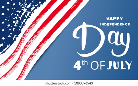 Happy Independence Day horizontal banner. 4th of July lettering. USA National flag card with text. Template for holiday design. Vector illustration.