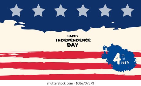 Happy Independence Day horizontal banner with flag elements. 4th of July lettering.  Template for holiday design. Vector illustration.