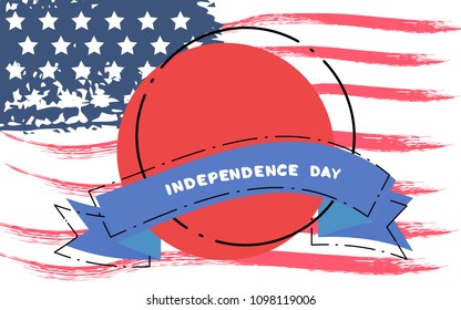 Happy Independence Day horizontal banner with badge and ribbon. USA National flag elements with text. Template for holiday design. Vector illustration.