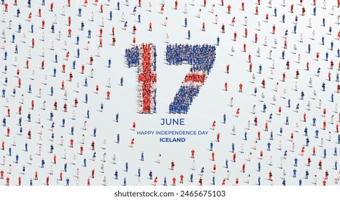 Happy Independence Day Iceland. A large group of people form to create the number 17 as Iceland celebrates its Independence Day on the 17th of June. Vector illustration.