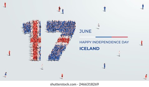 Happy Independence Day Iceland. A large group of people form to create the number 17 as Iceland celebrates its Independence Day on the 17th of June. Vector illustration.