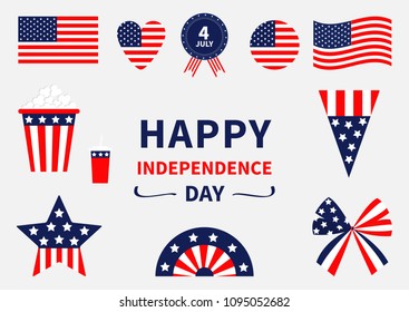 Happy independence day icon set. United states of America. 4th of July. Waving, crossed american flag, heart, round shape, badge with ribbons popcorn, soda, bow. White background. Flat design Vector