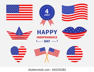 Happy independence day icon set. United states of America. 4th of July. Waving, crossed american flag, heart, round shape, cake badge with ribbons paper boat lips. White background. Flat design Vector