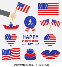 Happy independence day icon set. United states of America. 4th of July. Waving, crossed american flag, heart, round, cake, badge with ribbons paper boat hand lips. White background. Flat design Vector