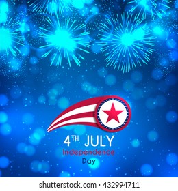 Happy Independence Day illustration. Color banner with fireworks and lights on the blue background. American Independence Day celebration backdrop with effect bokeh. Vector illustration.