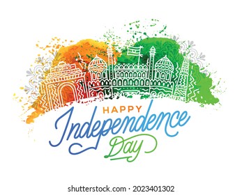 Happy Independence day illustration with monuments in grunge tricolor background