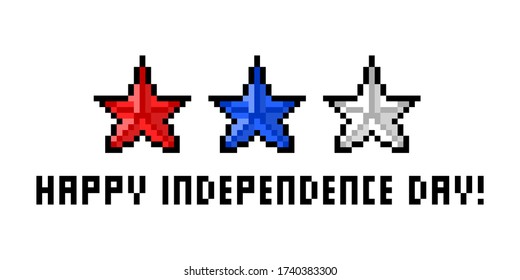 Happy Independence day illustration, pixel art blue, red, white stars isolated. 8 bit 4th of July banner. American holiday greeting card. Old school vintage retro slot machine/video game graphics.