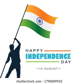 Happy Independence Day India, 15 August, man hoisting Indian flag greeting poster, illustration vector