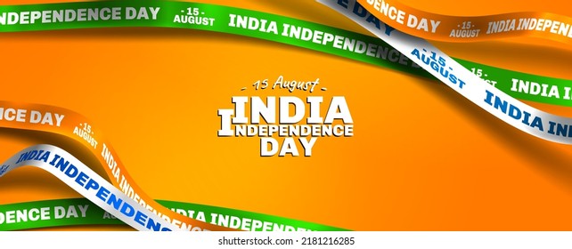 Happy Independence Day of India 15 august. Strip text typography combined in a shape of ribbon and text with paper art and craft style