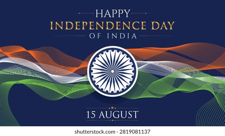 Happy Independence Day of India 15 August Celebration Background with Ashoka Chakra and Abstract Indian Tricolor Wave