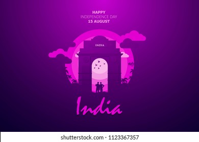 Happy Independence Day of India for 15th August. Famous monument of India in Indian background. Vector illustration EPS10