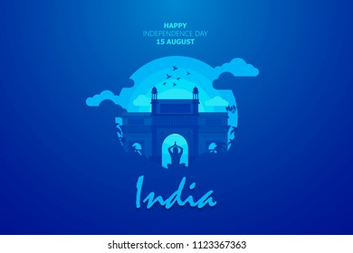 Happy Independence Day of India for 15th August. Famous monument of India in Indian background. Vector illustration EPS10