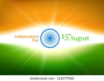 Happy independence day of India 15th August. Festive background in colors of national flag. Luminous greeting card with text. Vector paper illustration.

