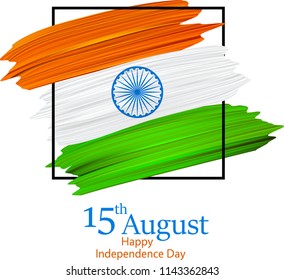 Happy independence day of India 15th August. Festive background with painted national flag. Colorful brush strokes design. Greeting card. Vector paper illustration.