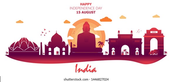 Happy Independence Day of India for 15th August. Famous monument of India in Indian background. Vector illustration EPS10