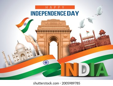 Happy Independence Day India 15th august. Indian monument and Landmark with background , poster, card, banner. vector illustration design