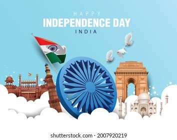 Happy Independence Day India 15th august. Indian monument and Landmark with background , poster, card, banner. vector illustration design