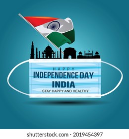 Happy Independence Day India 15th august. Indian monument and Landmark with background , poster, card, banner. vector illustration design. covid 19, corona virus concept