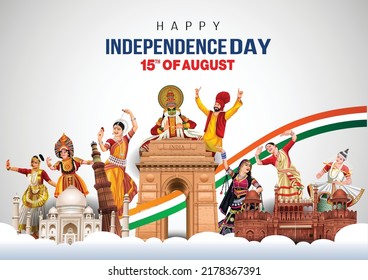 Happy Independence Day India 15th august. Indian monument and Landmark with background , poster, card, banner. vector illustration design - Shutterstock ID 2178367391