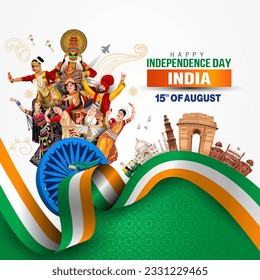 Feliz Día de la Independencia India el 15 de agosto. Monumento y monumento indio con fondo , afiche, tarjeta, cartel. diseño de ilustración vectorial patriótico