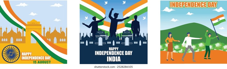 Happy Independence Day of India. 15th August background. 3 Indian students holding or waving Tricolor on greenery background. Set flat vector modern illustration 