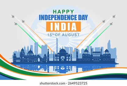 happy independence day india 2025 with silhouette of famous landmarks of india and fighter jets. Best for card, poster, banner and social media.