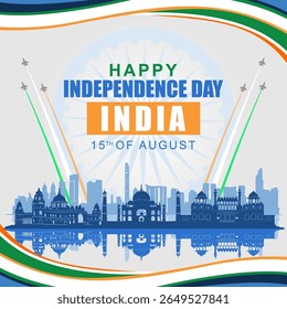happy independence day india 2025 with silhouette of famous landmarks of india and fighter jets. Best for card, poster, banner and social media.