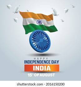 happy independence day India. 3d Ashoka chakra and Indian flag with flying pigeon. vector illustration design