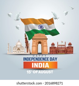 happy independence day India. 3d flag with Indian places. vector illustration design