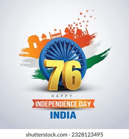 happy independence day India. 3d Ashoka chakra with Indian flag. vector illustration design - Shutterstock ID 2328123495