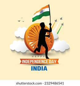 happy independence day India. 3d Ashoka chakra with running man. abstract vector illustration design