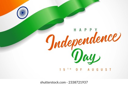 Happy Independence Day of India with 3d waving flag. Patriotic Indian national flag for 15th August holiday. Vector illustration