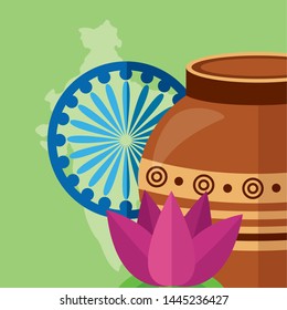 happy independence day india ahoka wheel flower and clay pot vector illustration