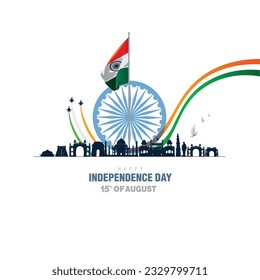 happy independence day India. Ashoka chakra with Indian flag. vector illustration design