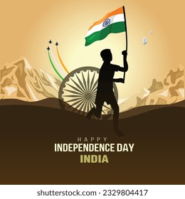 feliz día de la independencia de la India. Ashoka chakra con un hombre corriendo. diseño de ilustración de vector abstracto