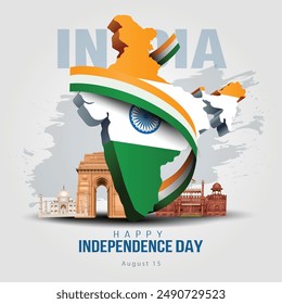 Feliz Día de la Independencia India. Ashoka chakra con mapa indio. diseño abstracto de la Ilustración vectorial