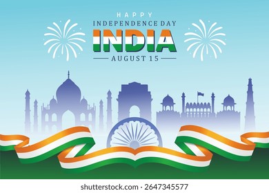 Happy Independence Day of India. August 15. Monument and Landmark. Abstract vector illustration design.