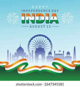 Feliz Dia da Independência da Índia. 15 de agosto. silhueta de marcos incluindo fogos de artifício e Ashoka Chakra. Ilustração vetorial.