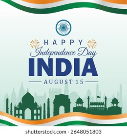Feliz Dia da Independência da Índia. 15 de agosto. silhueta de marcos incluindo fogos de artifício e Ashoka Chakra. Ilustração vetorial.