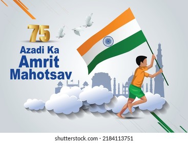 Happy Independence Day India Azadi Ka Amrit Mahotsav Poster, A Boy Running With Indian Flag. Vector Illustration Design