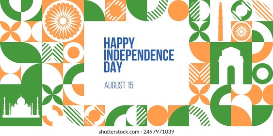 Happy Independence Day India Banner. August 15 Indian independence day greeting card design. Modern pattern, poster template. Vector Illustration.