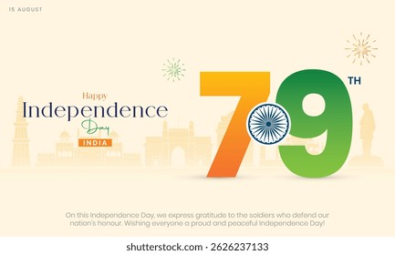 Feliz Dia da Independência Índia Banner e cartão de felicitações. 15 agosto - 79o Dia da Independência da Índia Fundo com texto e Ashoka Chakra